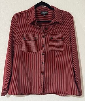 Elementz Corral Red & Black Striped Button-Down Utility Blouse Petite Large (PL)